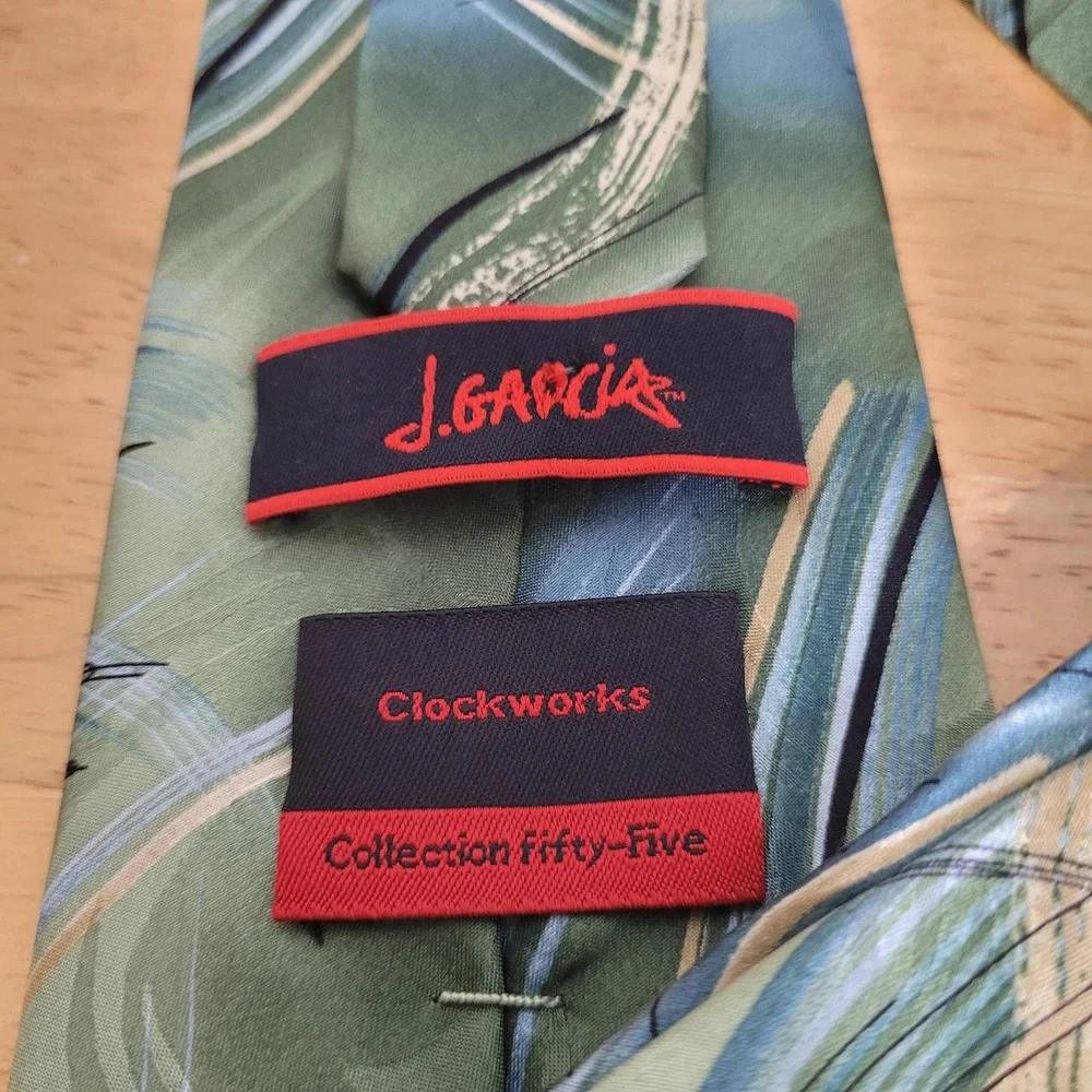 J. Garcia Mens Silk Tie Clockworks Collection Fifty-Five Green Blue Abstract